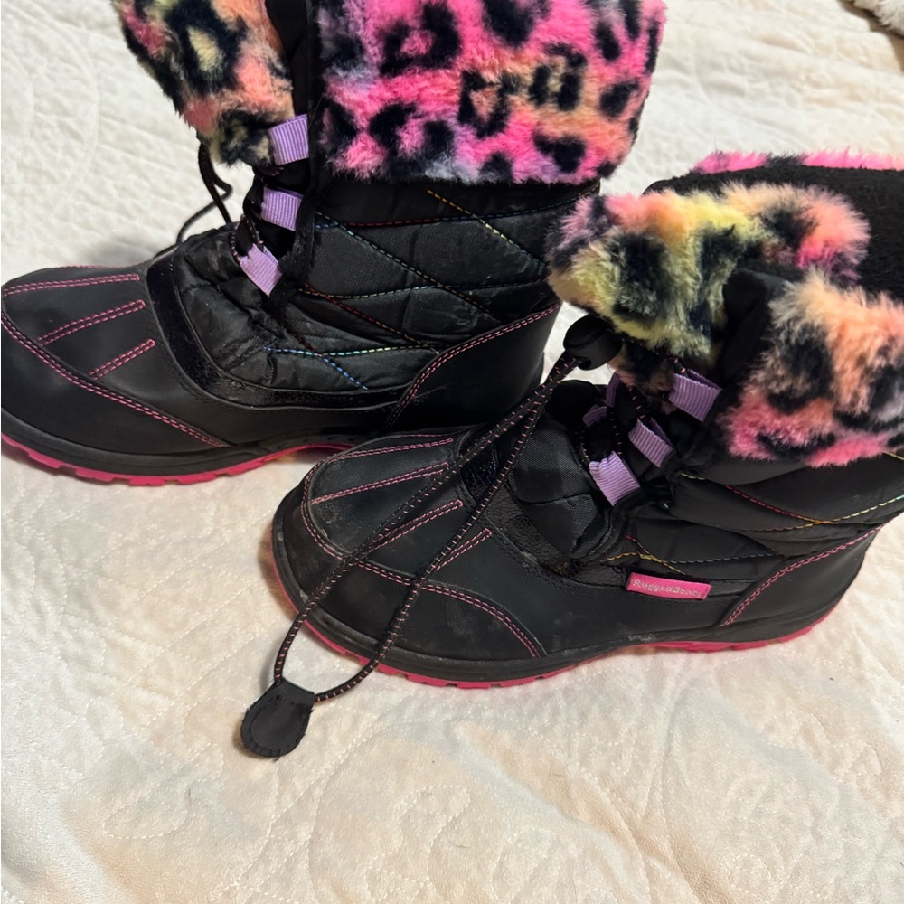 Stylish Black and Rainbow Leopard Print Kids Snow Boots